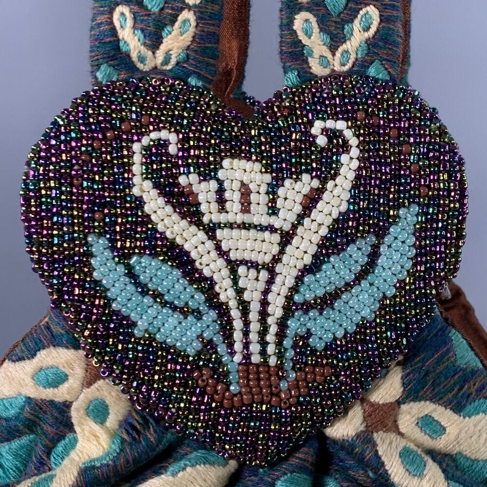 MURIEL BRANDOLINI Blue Brown White Beaded Hand Embroidered Cotton Handbag - Picture 2 of 9